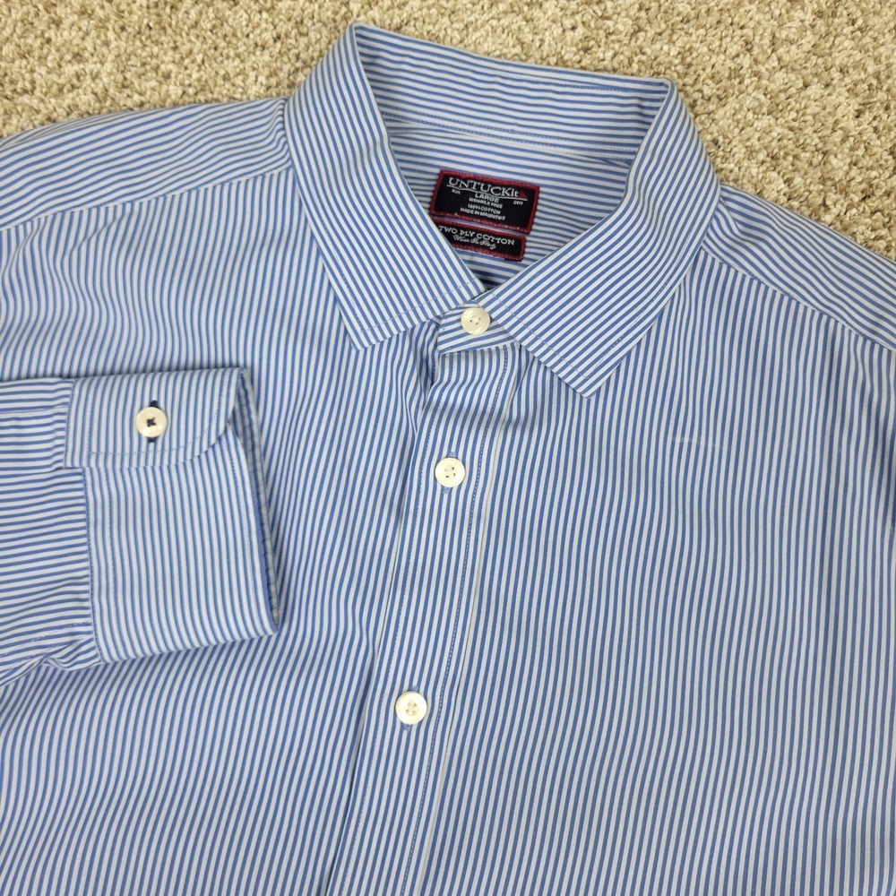 Untuckit Wrinkle Free Two Ply Mens Large Blue Striped Button Up Long Sleeve